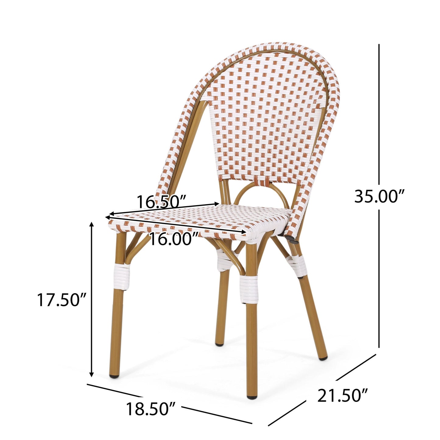 Set of 2 French Bistro Chairs with PE Rattan and Aluminium Frame, Outdoor Chairs with Bamboo Print Finish, 18.5'' L x 21.5'' W x 35'' H, White+Red