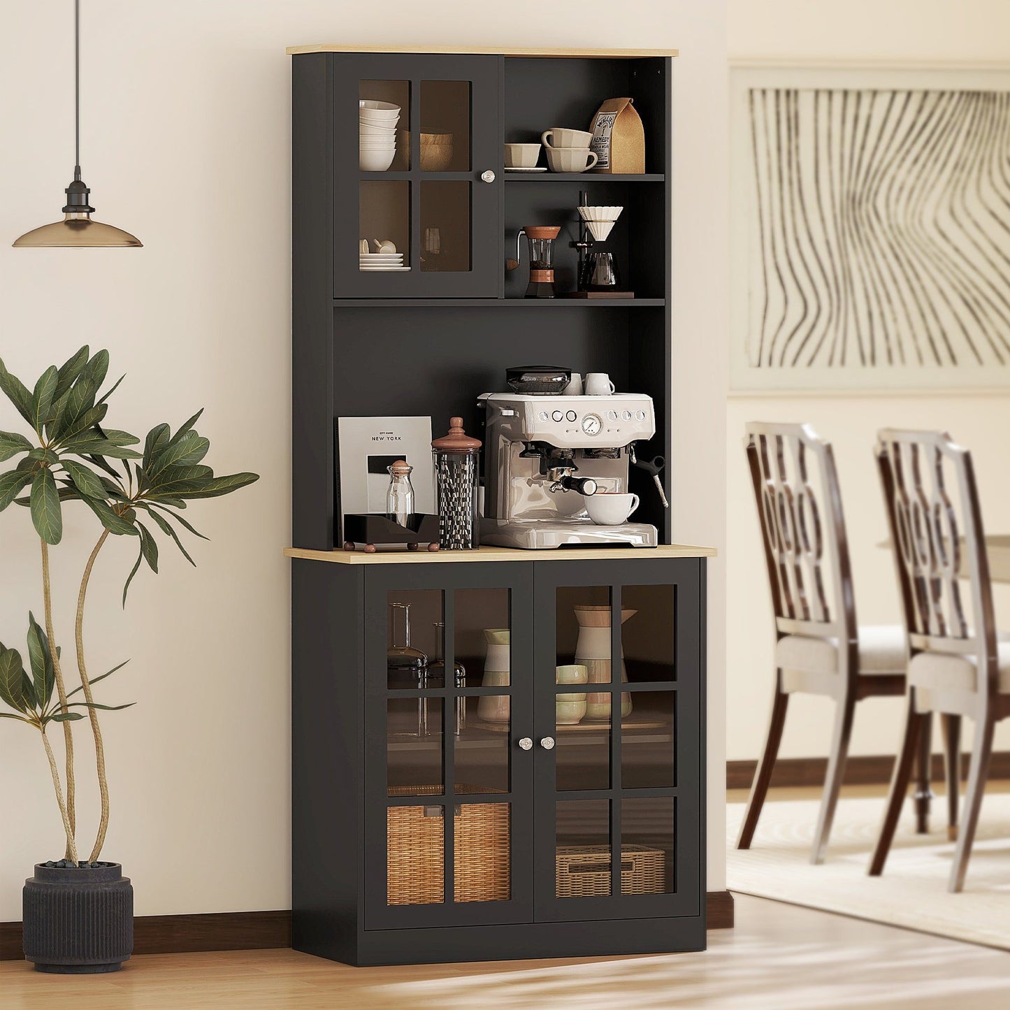 Kitchen Buffet with Hutch and 3 Cabinets - Black