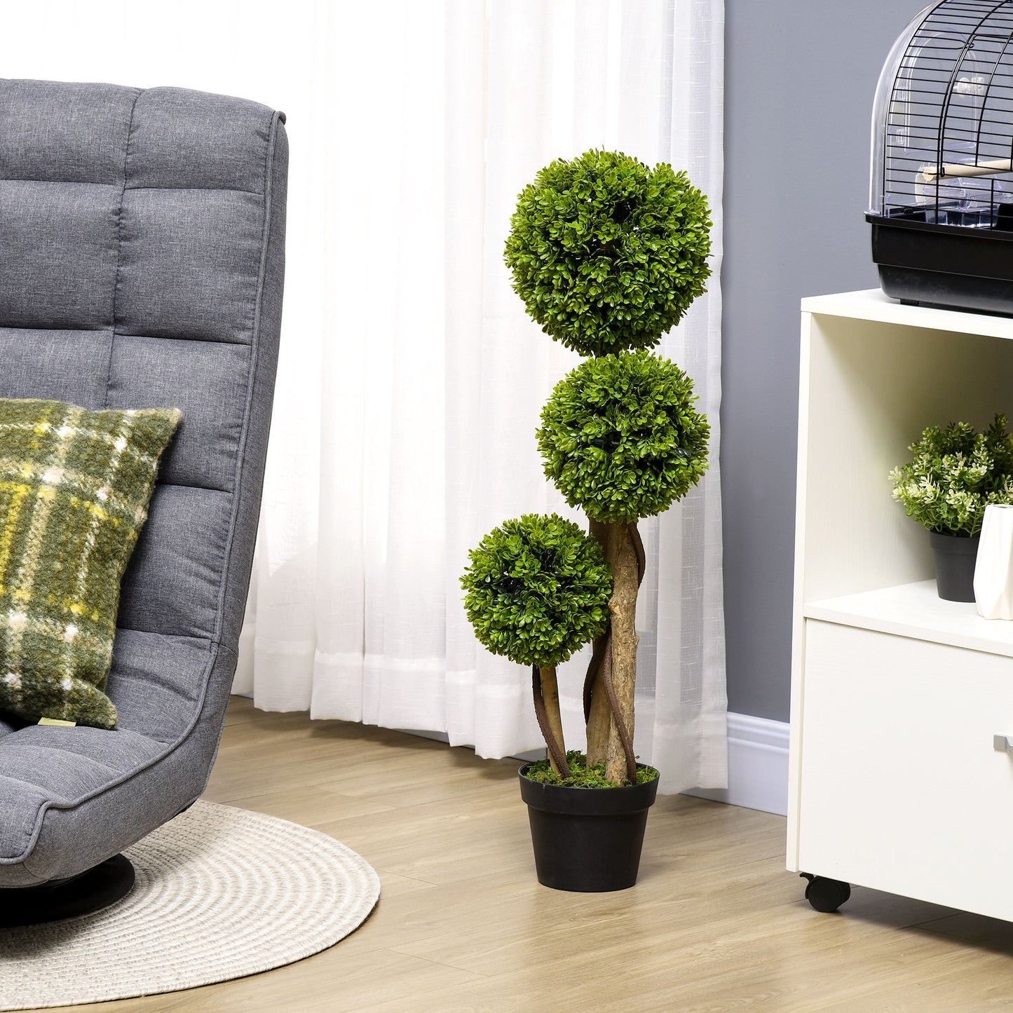 35 Inch Potted Fake Plant, Artificial Boxwood Topiary Tree, Triple Ball Tree for Indoor and Outdoor, Green