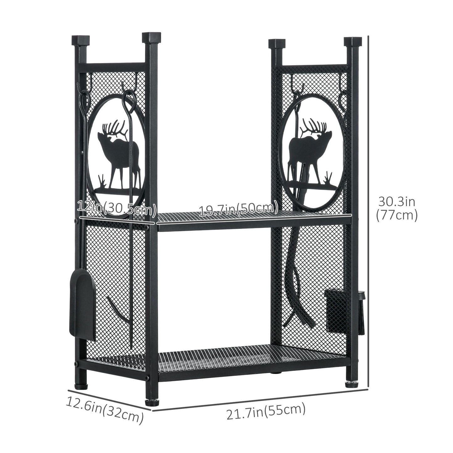 2-Tier Firewood Rack with Shovel, Broom, Poker, Tongs, Side Hooks, Log Holder for Fireplace, Outdoor Indoor Wood Storage Stacker, 21.7" x 12.6" x 30.3", Black