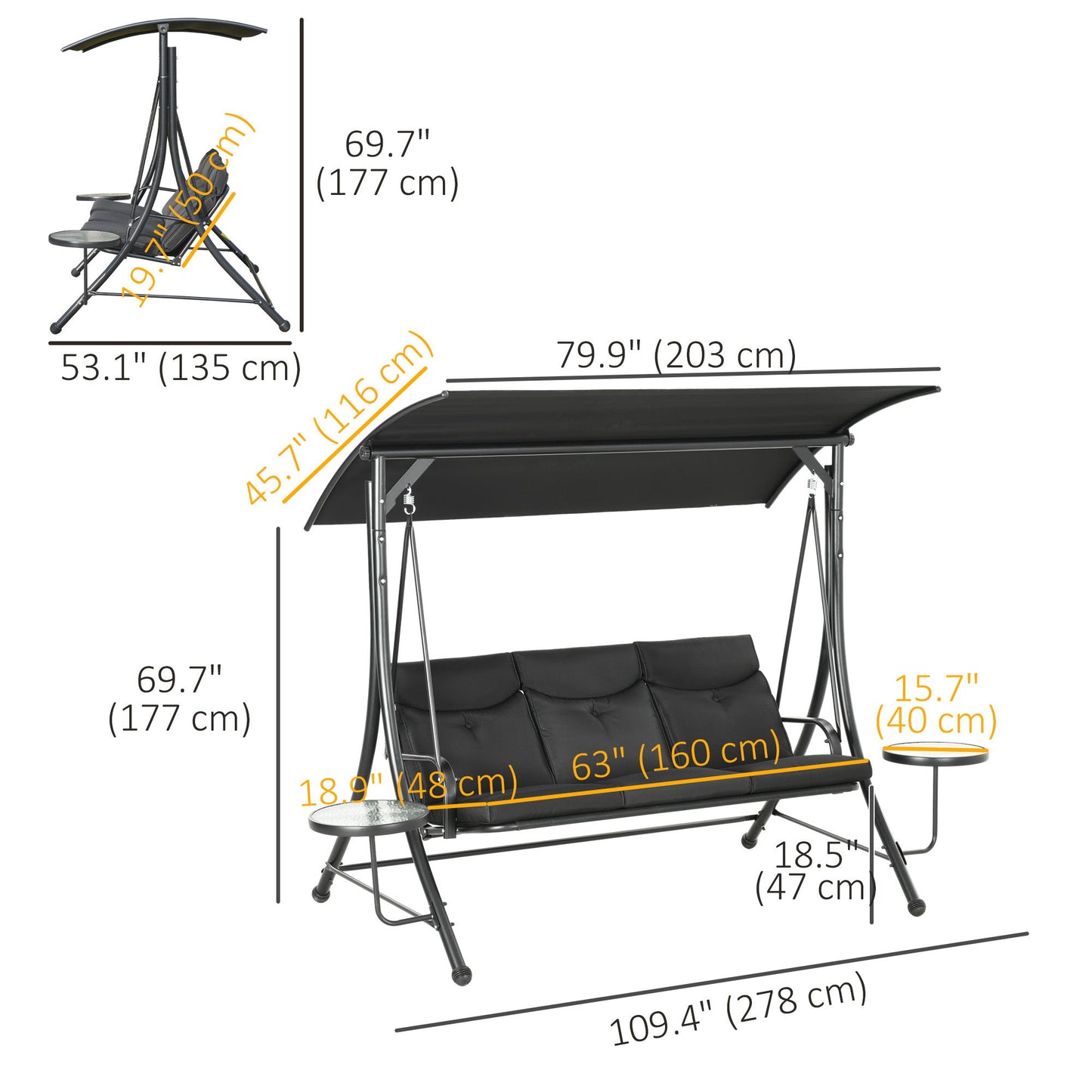 3 Seat Outdoor Swing Chair Steel Swing Bench Porch Swing With Adjustable Canopy & Coffee Tables & Cushion for Patio Garden, Black