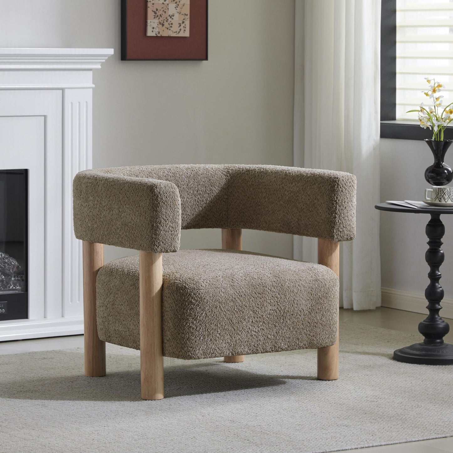 Cozy Accent Armchair with Spring Bag Seat Cushion, Single Lounge Sofa for Bedroom, 30.5" L x 29.5" W x 27" H, Light Camel+Natural Wood