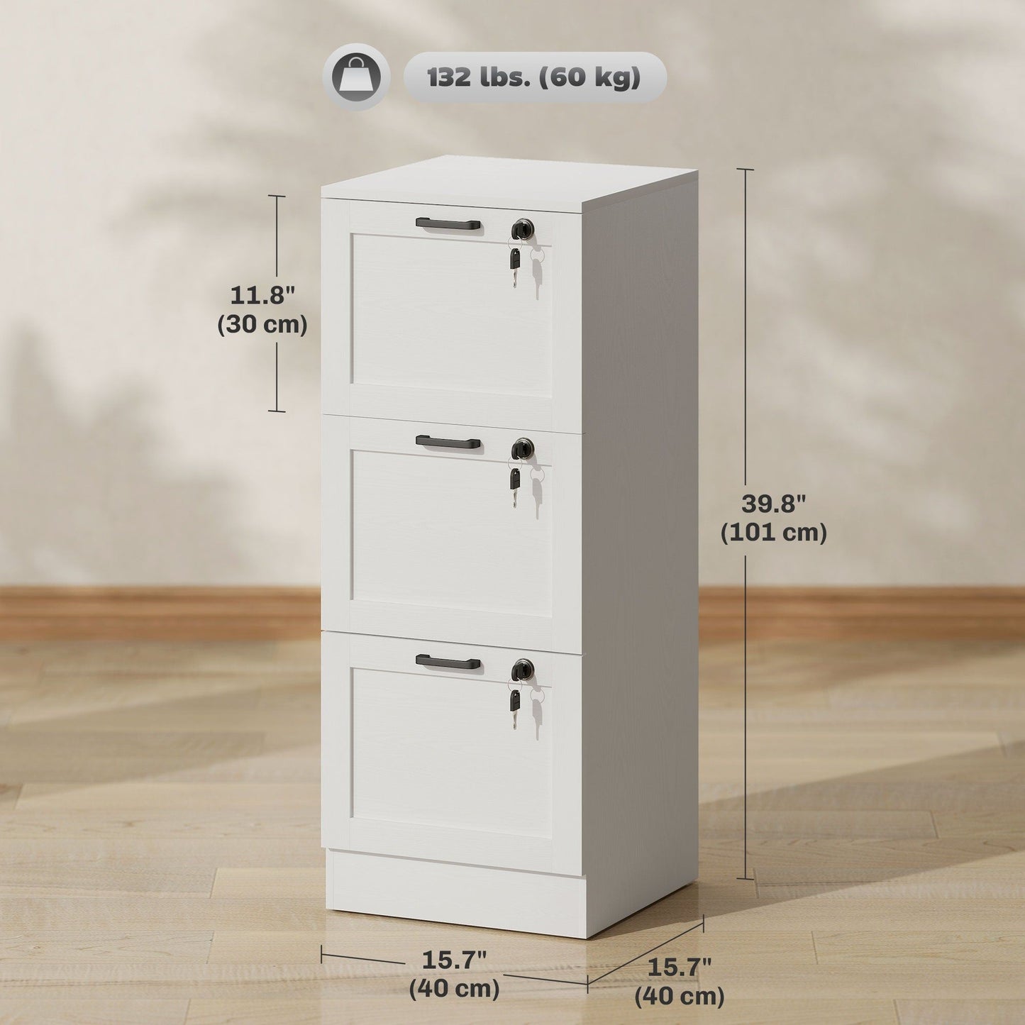 3-Drawer Vertical Filing Cabinet with Lock - White