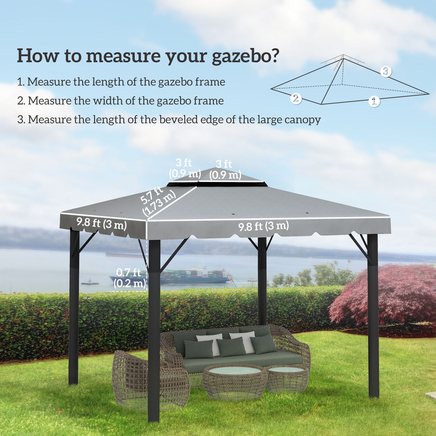 10' x 10' Gazebo Replacement Canopy, Gazebo Top Cover with Double Vented Roof for Garden Patio Outdoor TOP ONLY, Grey