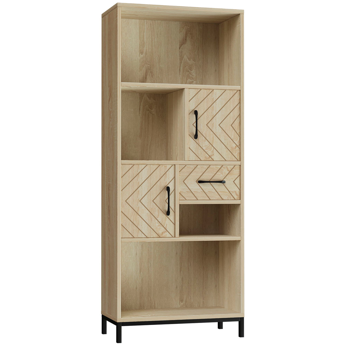 59" Bookcase, Storage Bookshelf with Cabinets, Drawer and Open Compartments, Freestanding Display Shelves for Home Office, Living Room, Study, Nature Wood