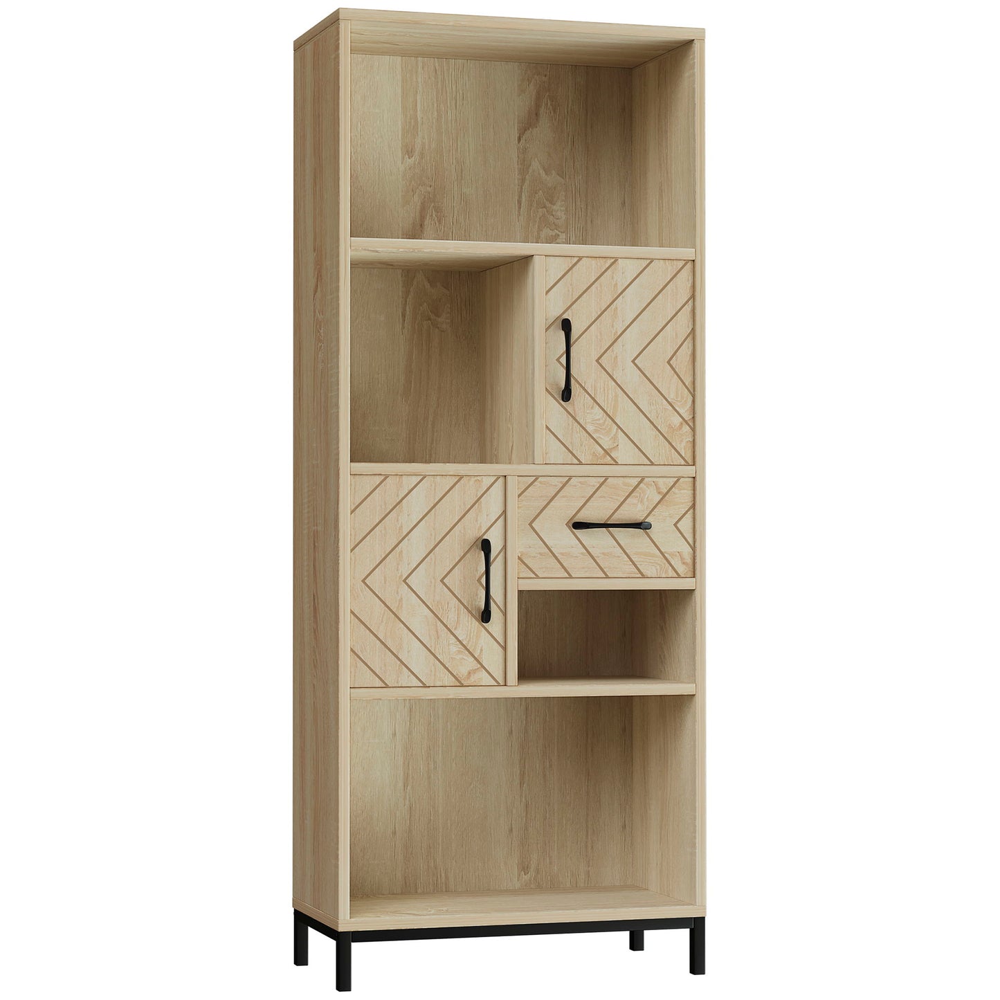 59" Bookcase, Storage Bookshelf with Cabinets, Drawer and Open Compartments, Freestanding Display Shelves for Home Office, Living Room, Study, Nature Wood