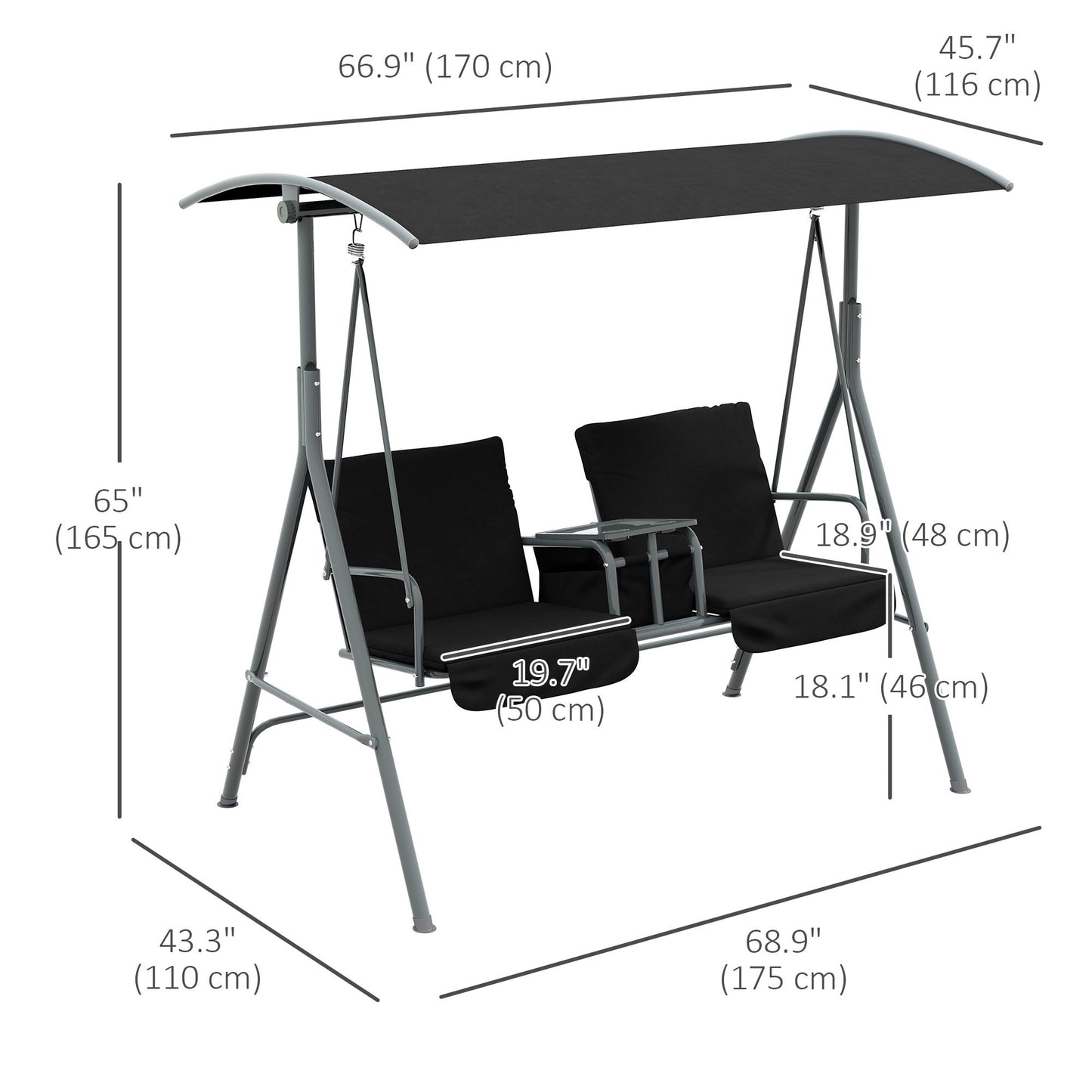 2-Seater Outdoor Porch Swing with Adjustable Canopy and Table, Patio Swing Chair for Garden, Poolside, Backyard, Black