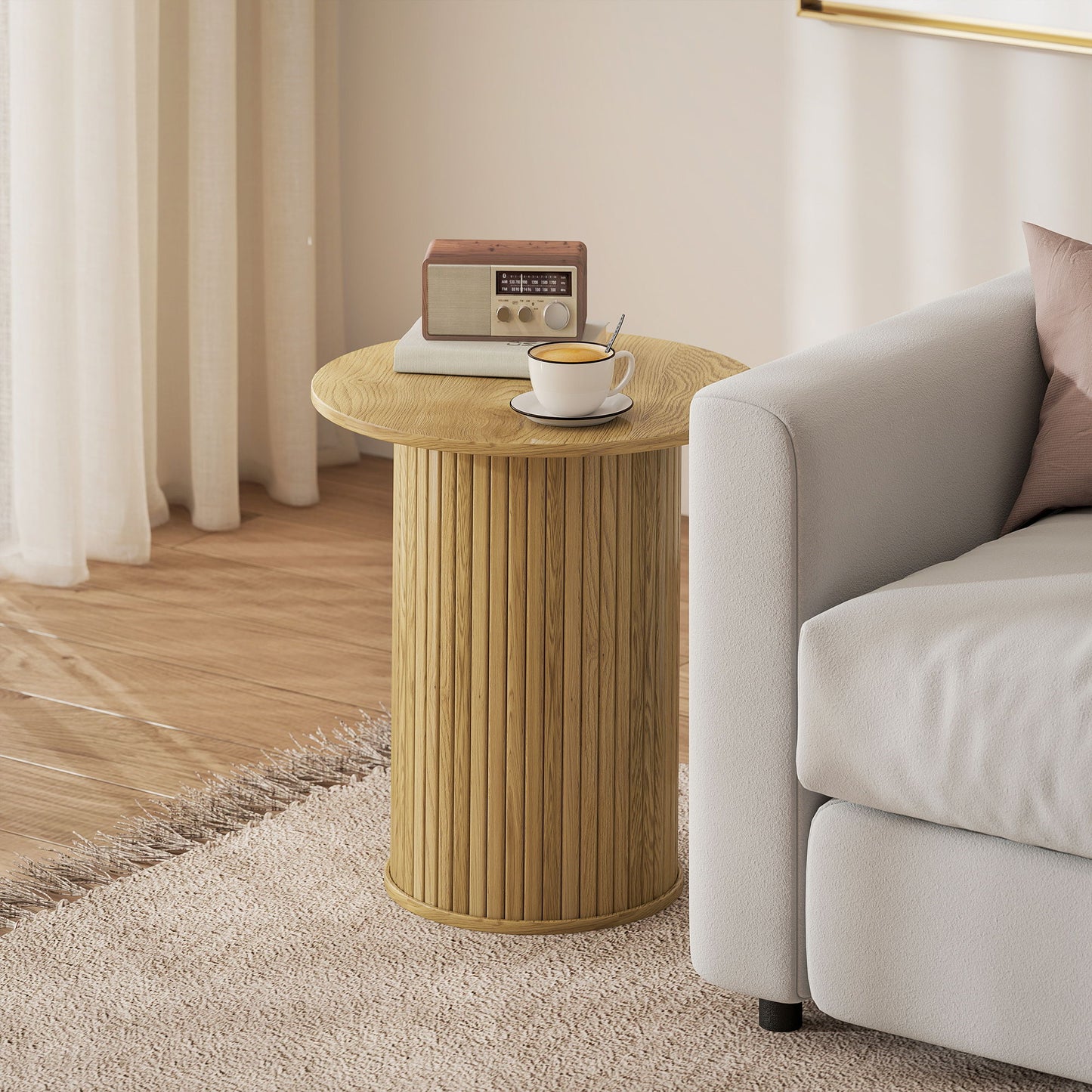 Round Side Table, Fluted Accent End Table, Narrow Nightstand for Small Spaces, Living Room, Oak