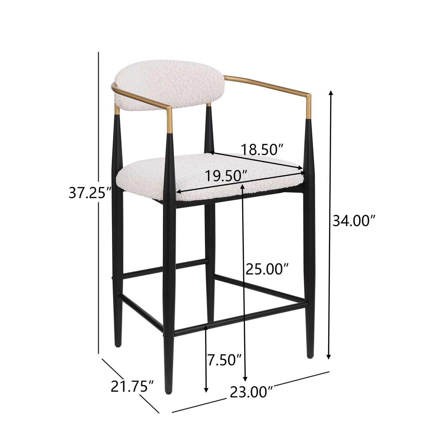Set of 2 Modern Counter Stools with Iron Frame and Gold Accents, Upholstered Dining Chairs for Kitchen, 23" L x 22" W x 37.5" H, Beige