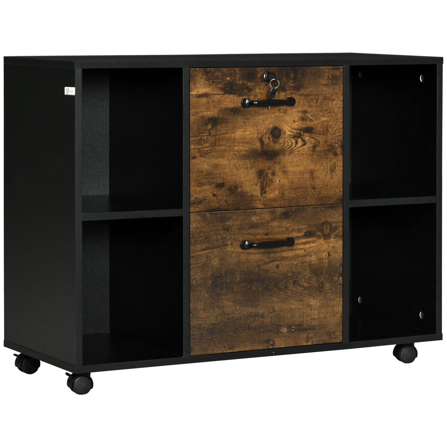 Lateral Filing Cabinet with Wheels and Lockable Drawer, File Cabinet, Mobile Printer Stand with Open Shelves for Letter and A4 Size Documents for Home Office, Rustic Brown