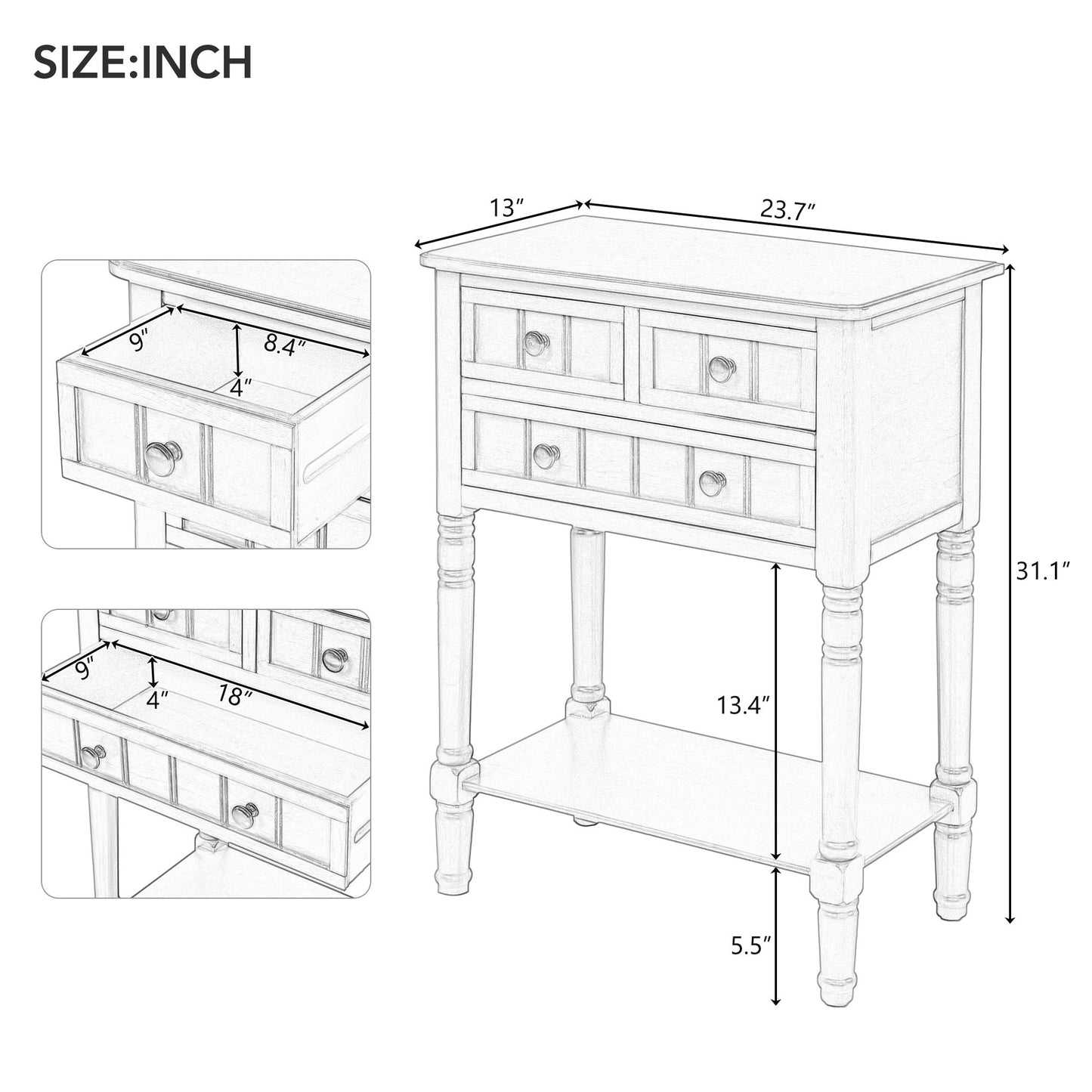 Narrow Console Table with 3 Storage Drawers, Bottom Shelf, Slim Sofa Table for Entryway, Living Room, 24" L x 13" W x 31" H, Dark Brown