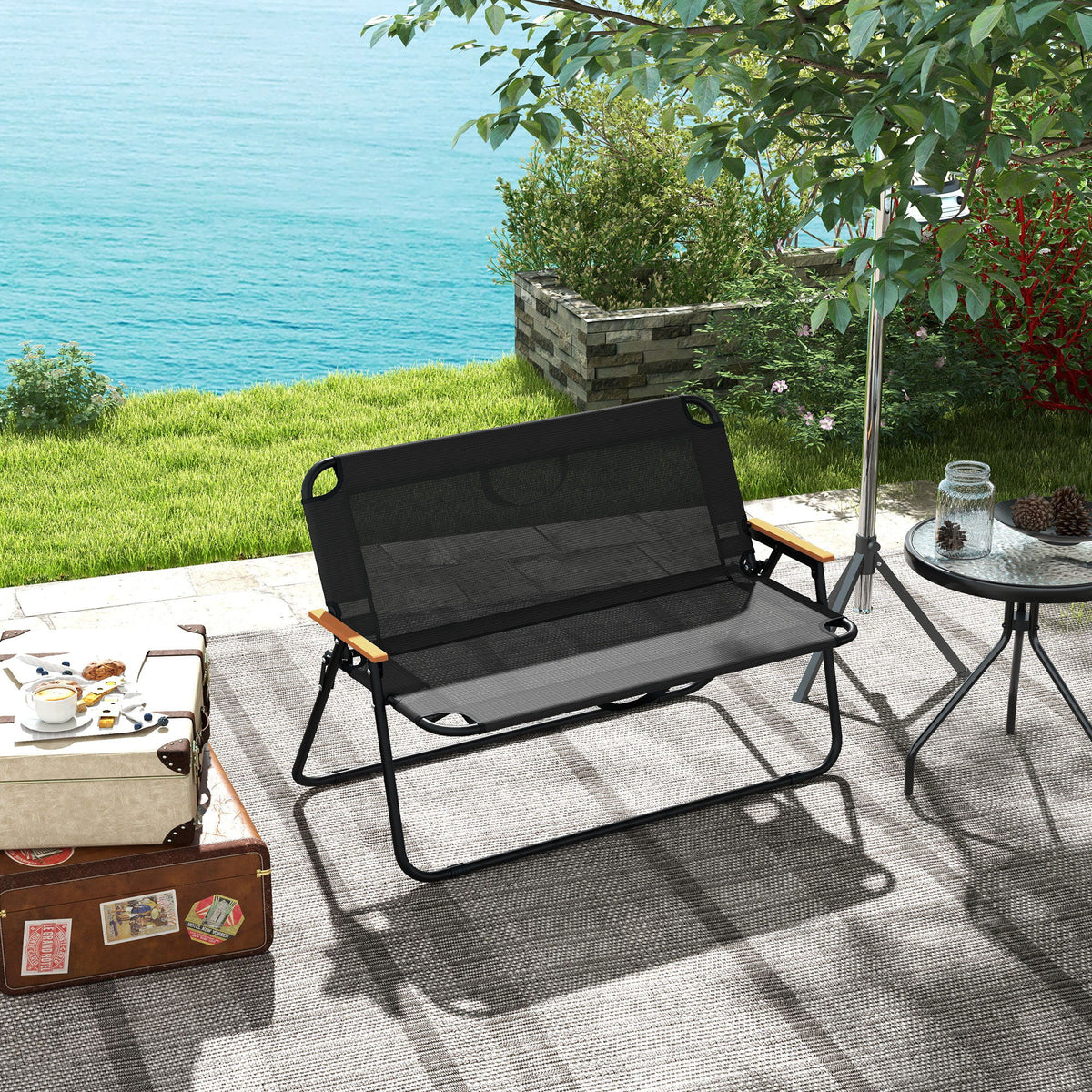 2-Seat Folding Patio Bench Camping Chair, Sports Chair with Armrest, Mesh Fabric Seat for Lawn, Black