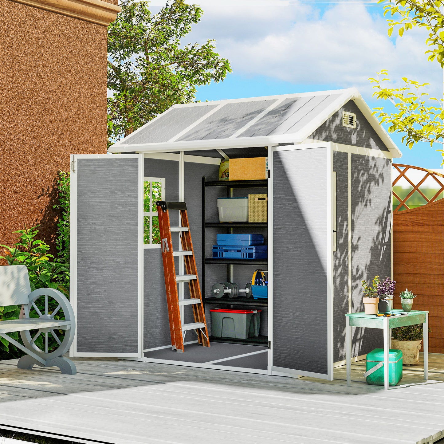 6' x 6' Resin Outdoor Storage Shed with Floor, Window, Lockable Doors and Vents for Backyard Patio Lawn, Grey