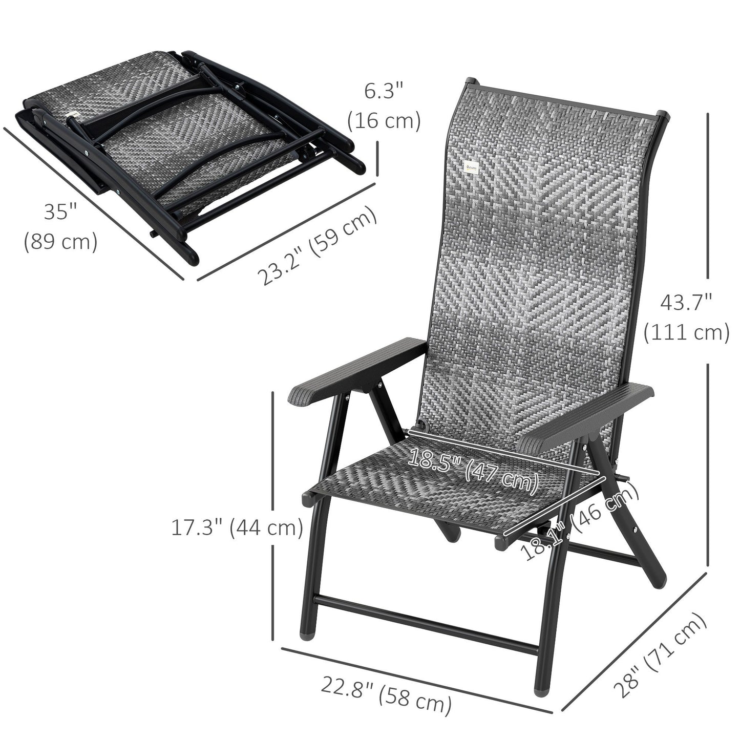 2PCs Outdoor Wicker Folding Chairs with Adjustable Backrest, Mixed Grey