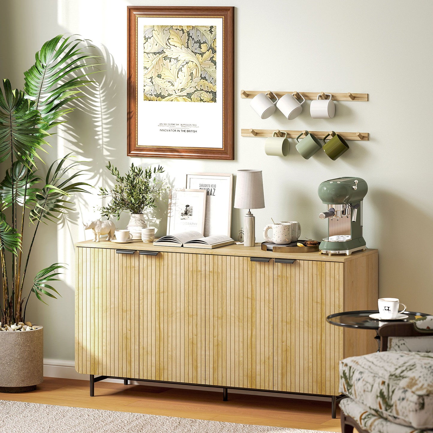 55" Modern Sideboard, Fluted Buffet Cabinet with Adjustable Shelves, 5 Metal Legs for Kitchen, Living Room, Nature Wood