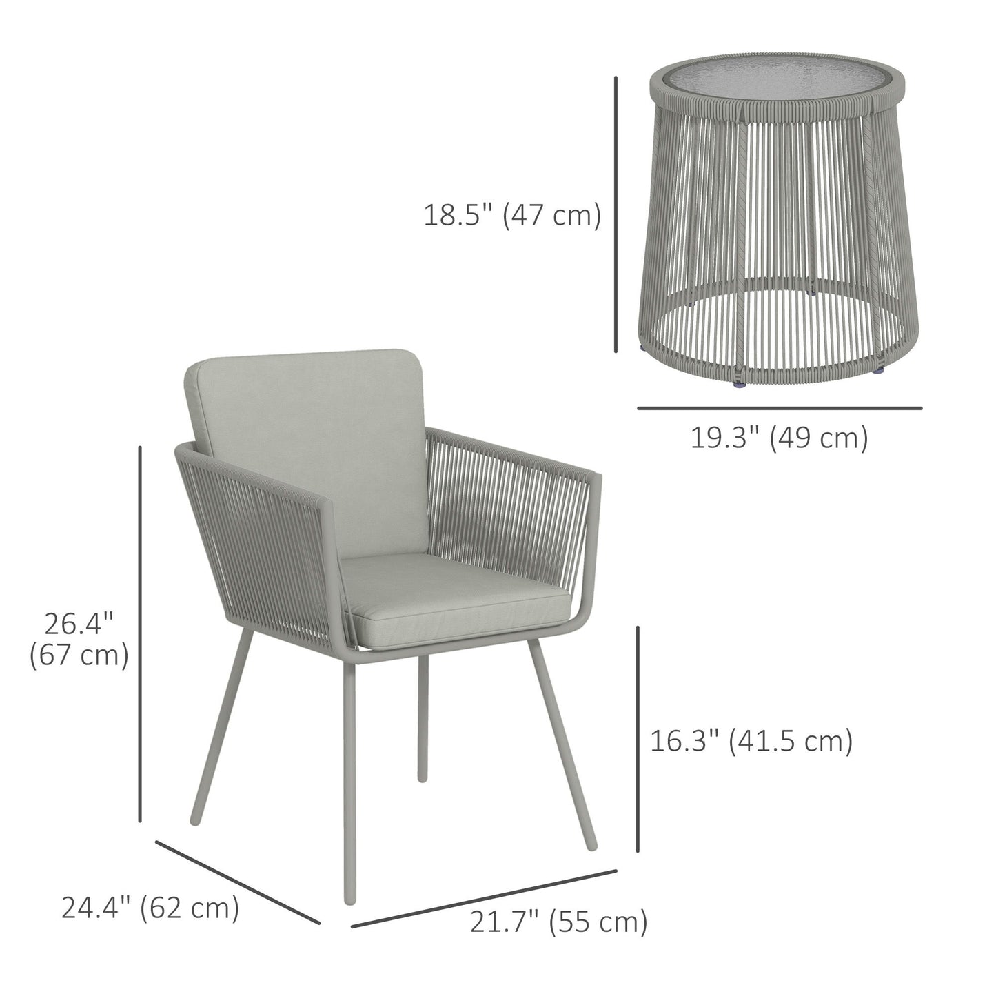 3 Piece Outdoor Patio Bistro Set, Wicker Rattan Furniture with Metal Legs for Garden, Backyard, Light Grey