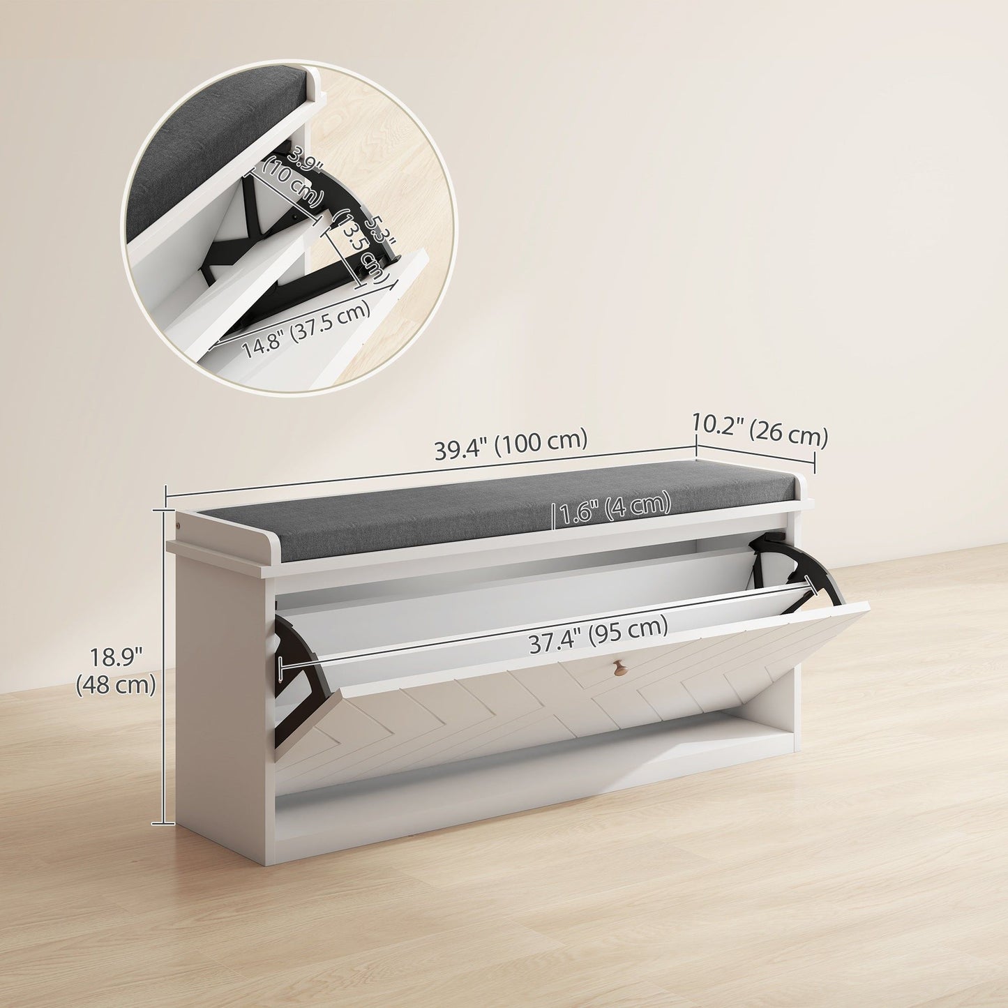 Upholstered Shoe Storage Bench with Flip Drawer - White