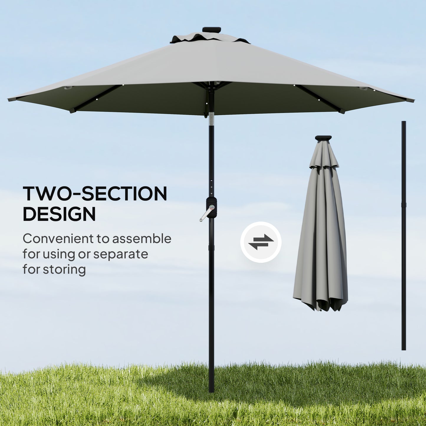 8.8 ft Solar Powered Outdoor Patio Umbrella Round Market Table Umbrella with Adjustable LED Lights Tilt Crank Dark Grey