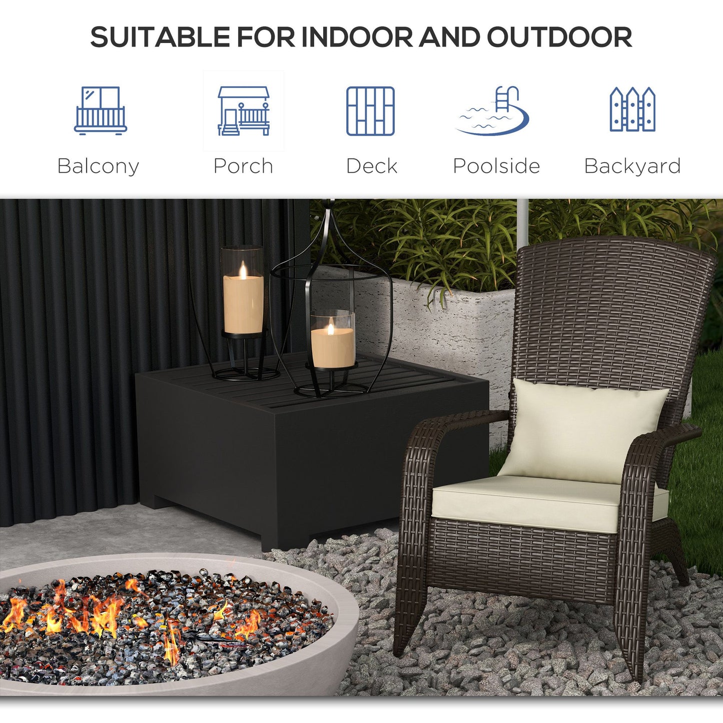 Patio Wicker Adirondack Chair, Outdoor Rattan Muskoka Chair with Cushions for Patio, Garden, Backyard Dark Blue
