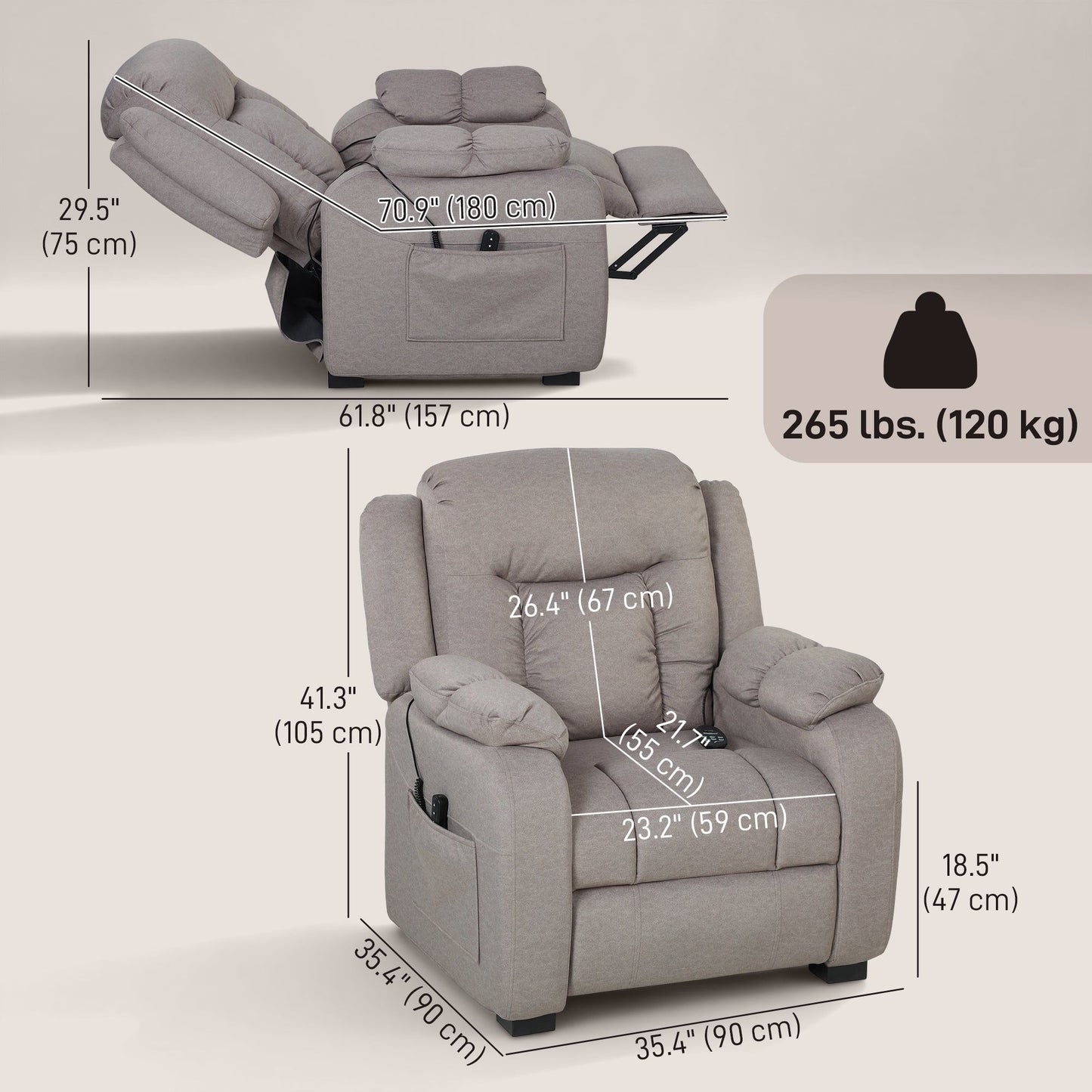 Power Massage Recliner with 2 Memory Positions - Brown