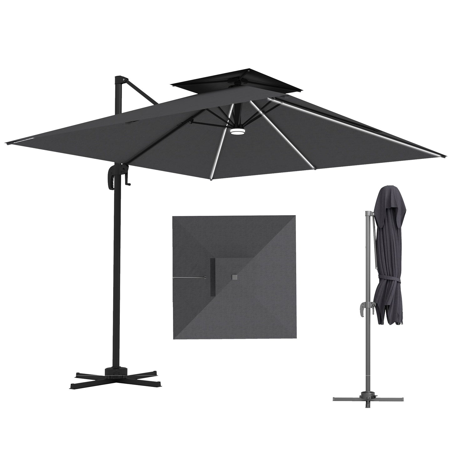 8' Cantilever Patio Umbrella with LED Lights, 360°Rotation, Tilt & Height Adjustment, Crank, Cross Base, Dark Grey