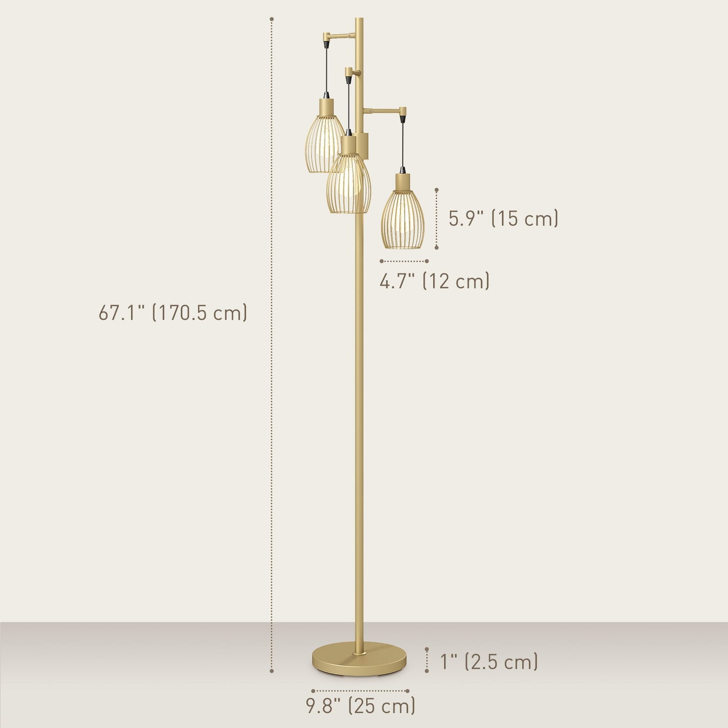 Industrial Floor Lamp with 3 Hanging Wire Lampshades, Dimmable Standing Lamp for Living Room, Gold