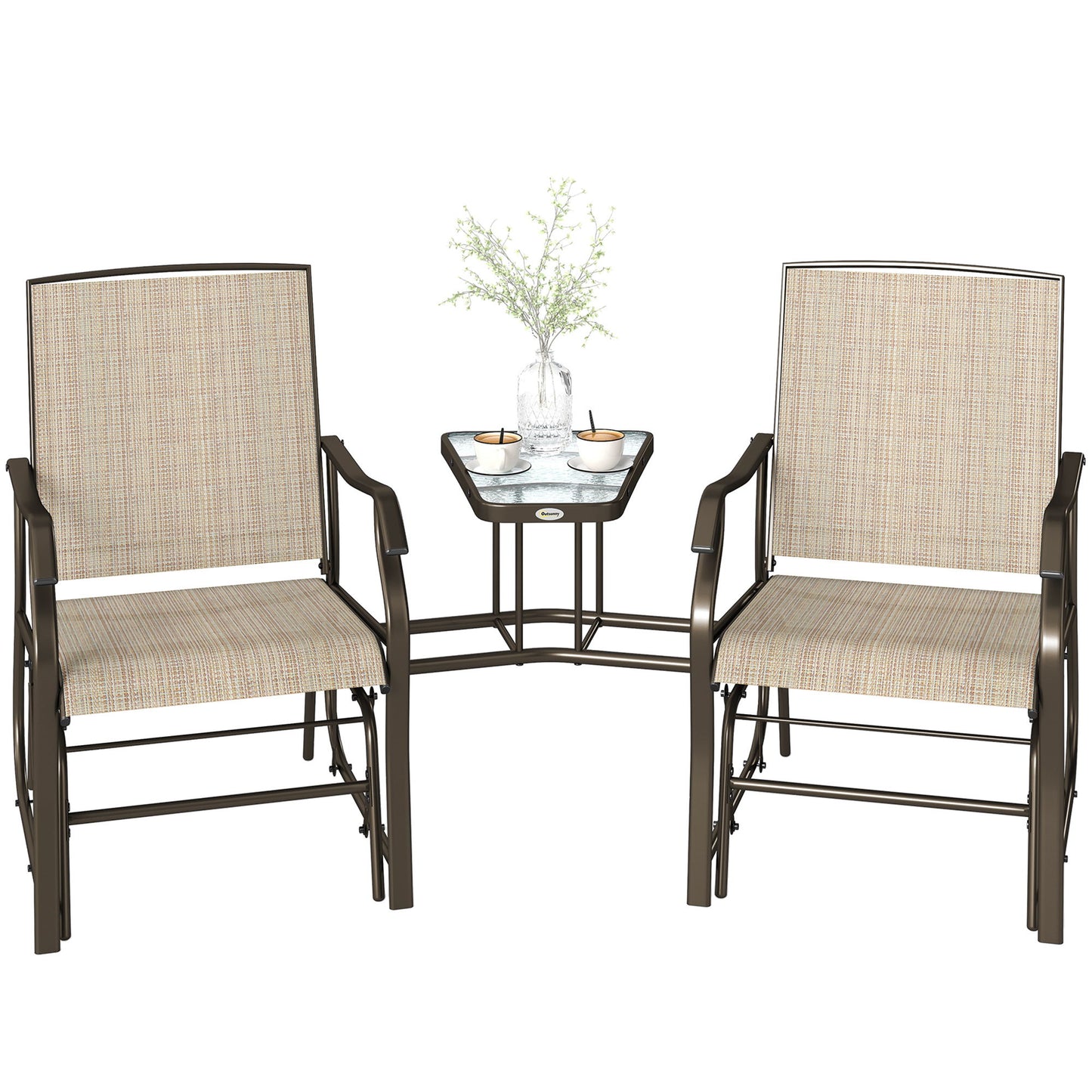 Double Patio Glider Chair with Glass Top Center Table, Outdoor Glider Loveseat with High Back, All Weather Breathable Mesh Fabric for Garden, Backyard, Deck, Light Brown