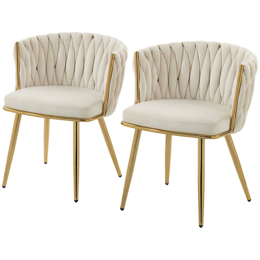 Velvet Dining Chairs Set of 2 with Woven Backrest - Cream White
