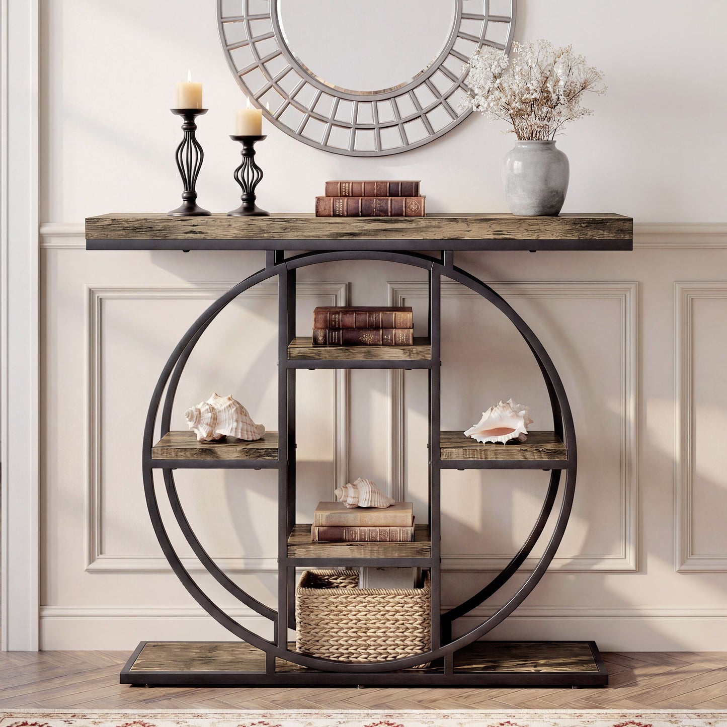 39.4" Console Table with Storage Shelves, Industrial Sofa Table for Living Room, Hallway, Rustic Brown