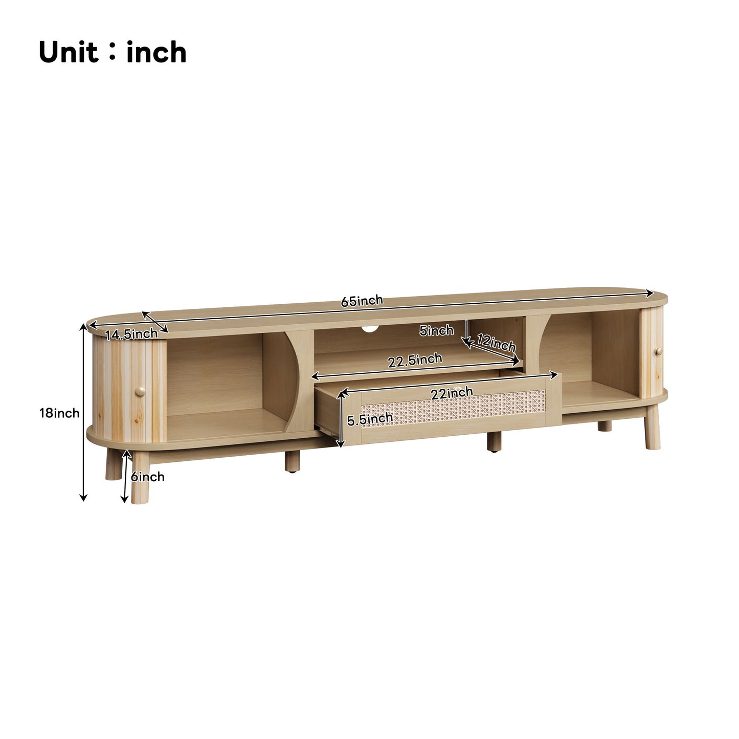 Rattan TV Stand with Solid Wood Doors and Drawers, Natural Country Style Storage Solution, Easy Installation, 65" L x 14.5" W x 18" H, Natural