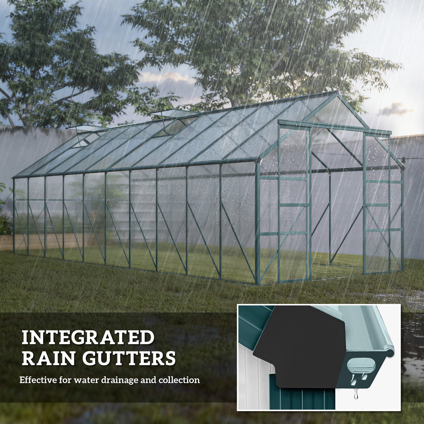 Aluminum Greenhouse Polycarbonate Walk-in Garden Greenhouse Kit with Rain Gutter and Sliding Door, 20' x 8', Green
