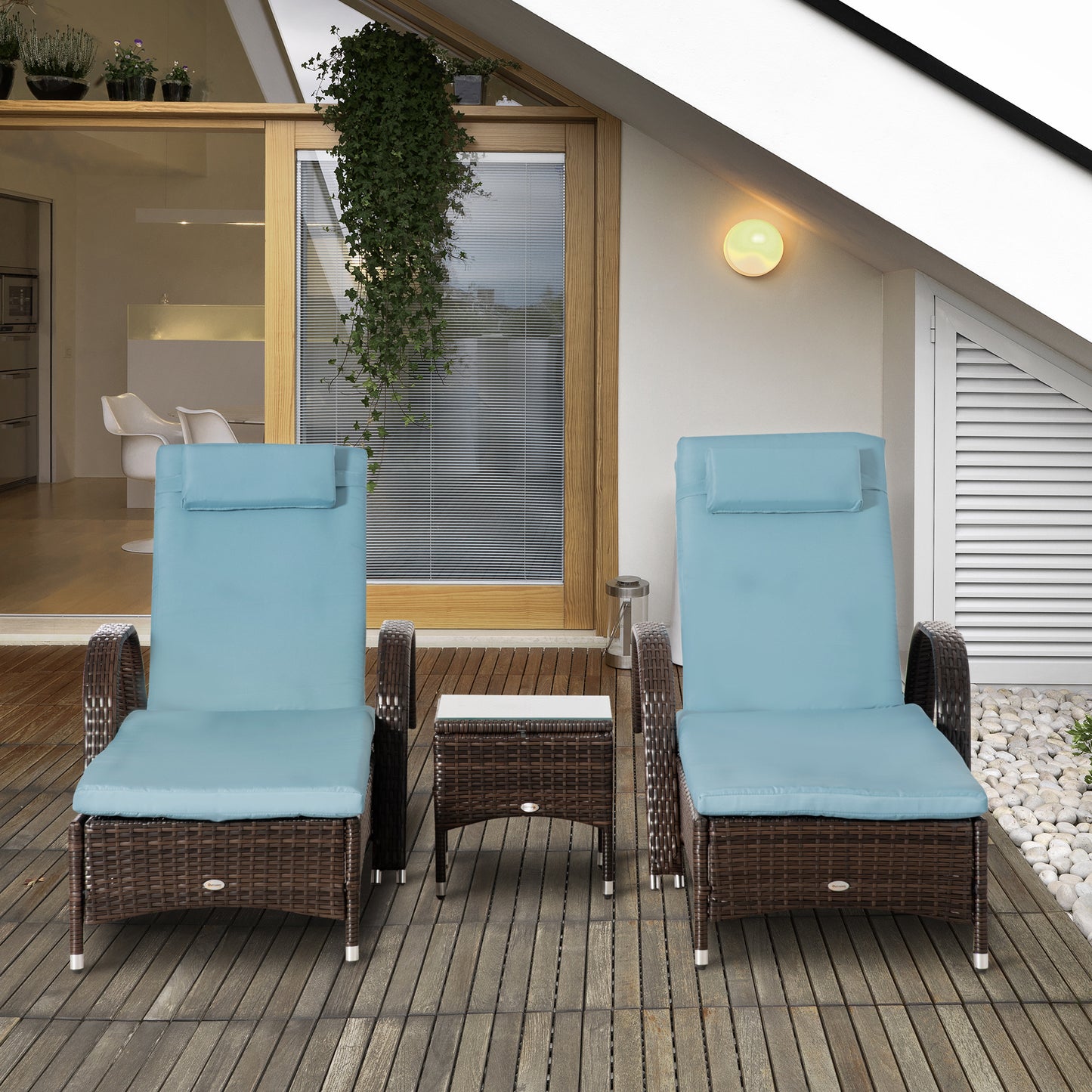 3 Pieces Wicker Patio Lounger Set with Table, Rattan Outdoor Lounge Chair Set with Cushions, Wheels, 5-Level Reclining Backrest, Headrest, Brown/Grey