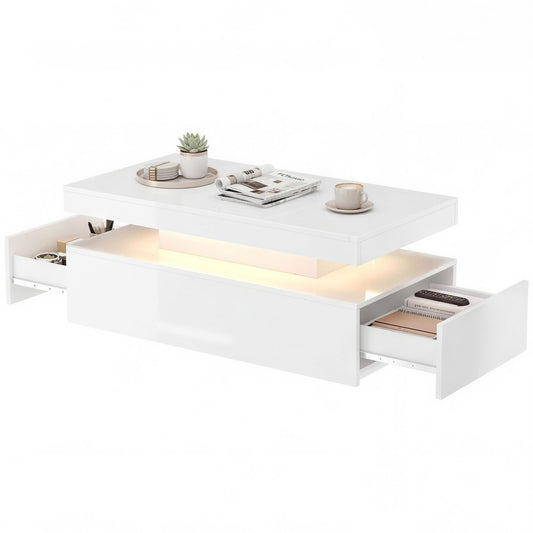 2-Tier LED Coffee Table with 2 Drawers - Gloss White
