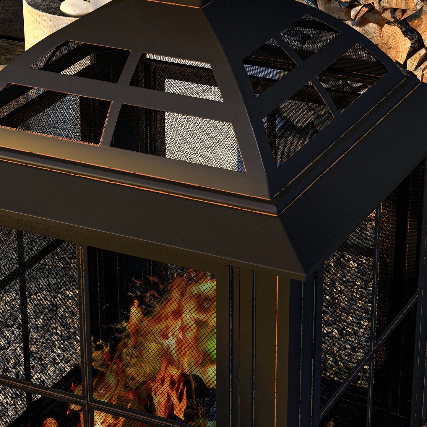 Wood-Burning Fire Pit, Chimney Style Firepit with Poker, 28" x 28", Black
