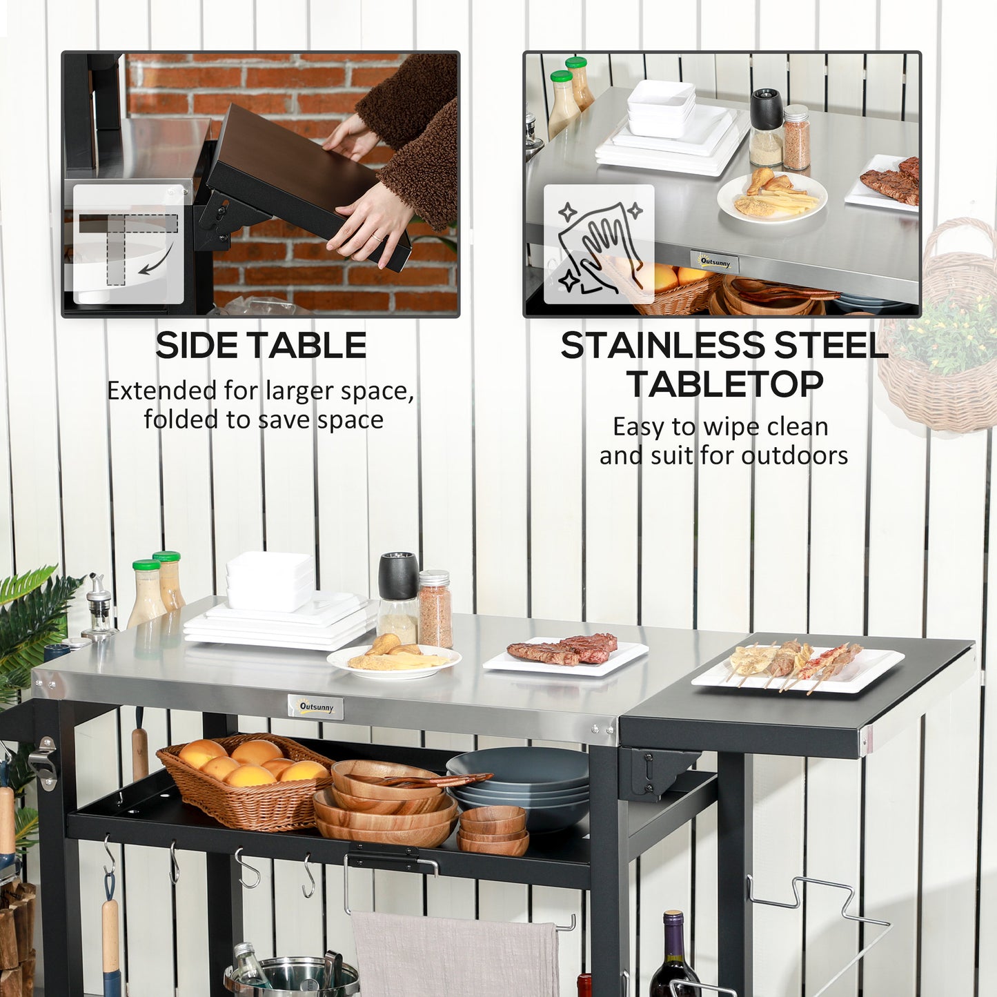 3-Shelf Grill Cart with Foldable Side Table & Stainless Steel Top