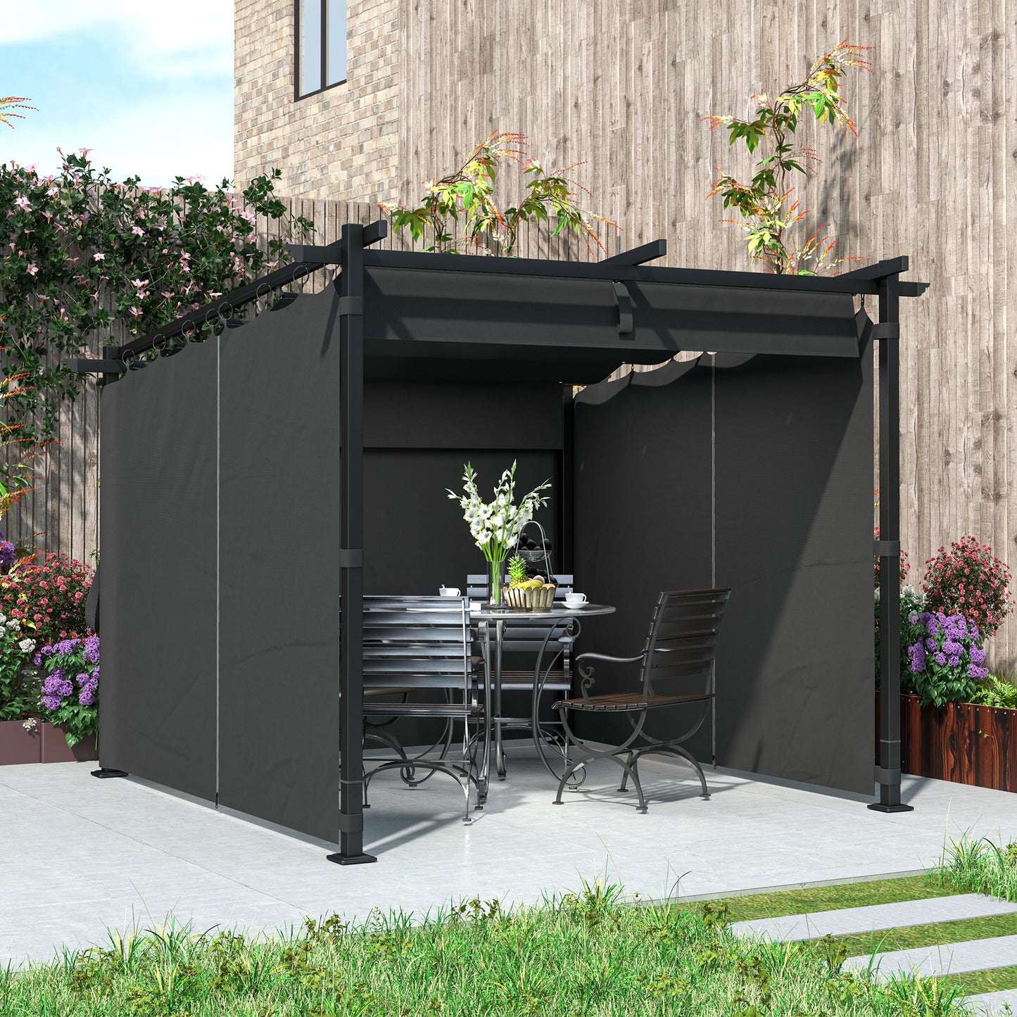 Metal Retractable Pergola Canopy with Sidewalls, Outdoor Gazebo UPF30+ Sun Shade Shelter for Garden, Deck