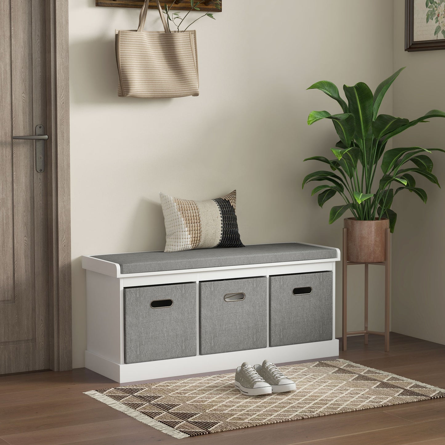 Shoe Storage Bench with Seat, Entryway Bench Seat with Cushion, 3 Fabric Drawers for Hallway, White
