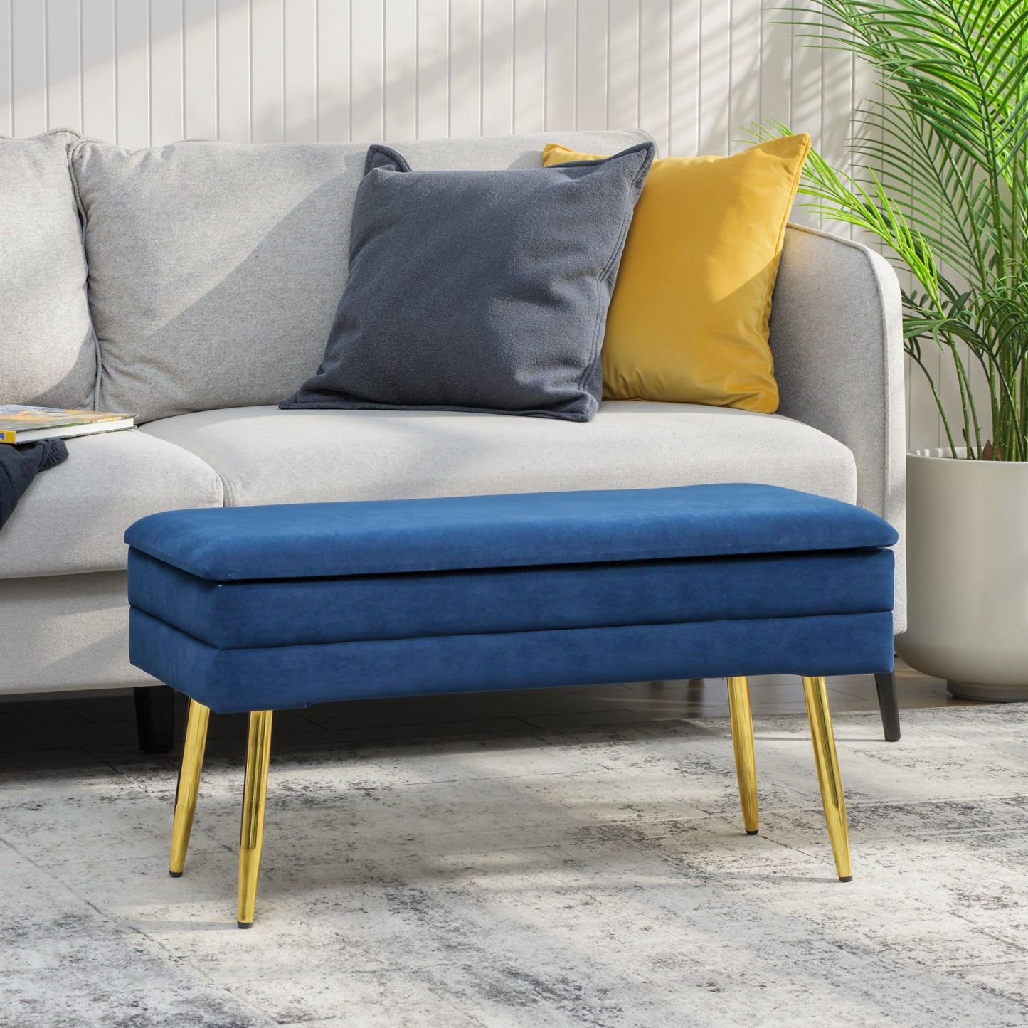 31" Storage Ottoman, Velvet End of Bed Bench with Steel Legs, Foot Stool with Storage for Bedroom, Living Room
