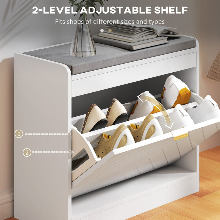 Upholstered Shoe Storage Bench with Flip Drawer, 23.6" Wide, White