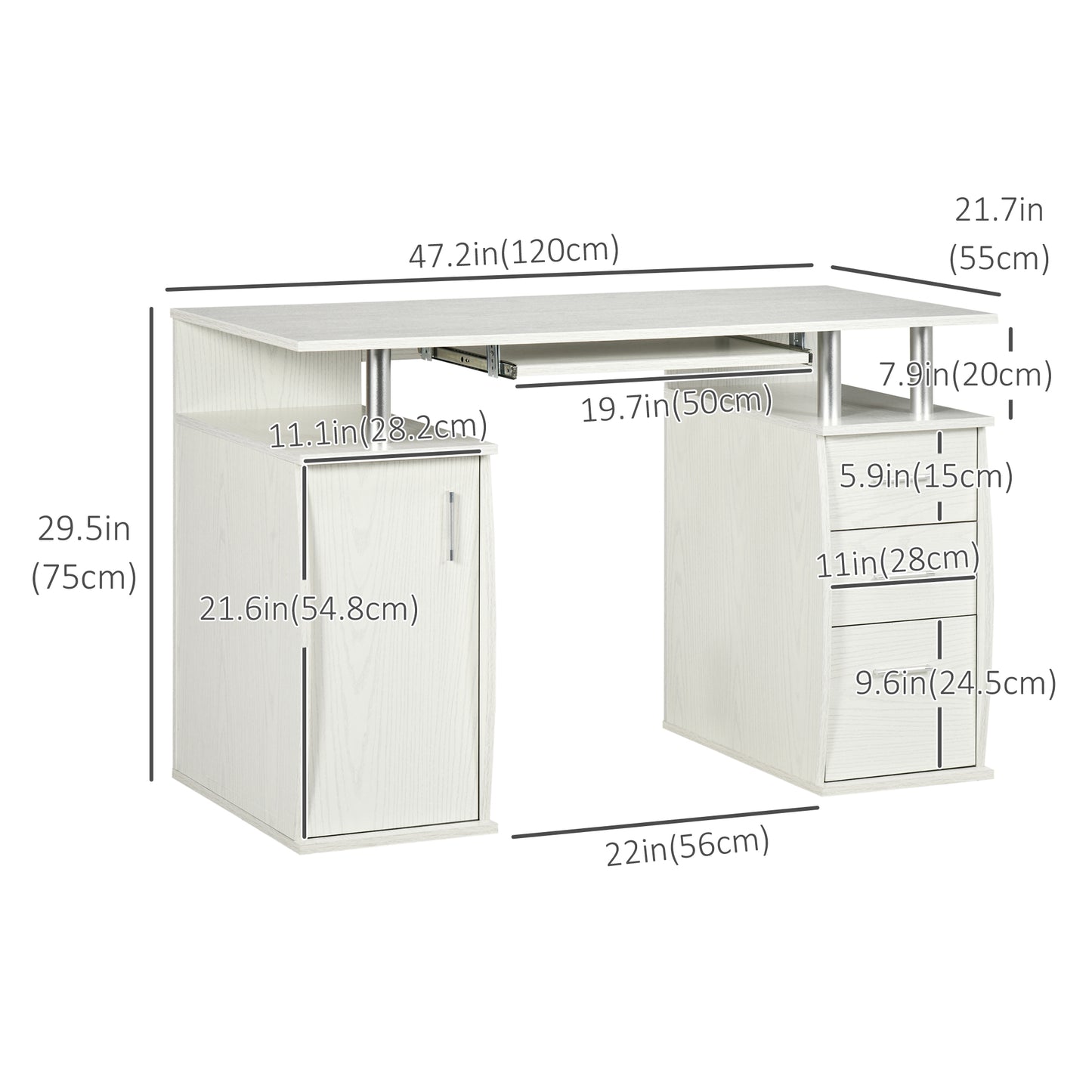 47" Computer Desk with Keyboard Tray and Storage Drawers, Home Office Workstation Table with Storage Shelves, White