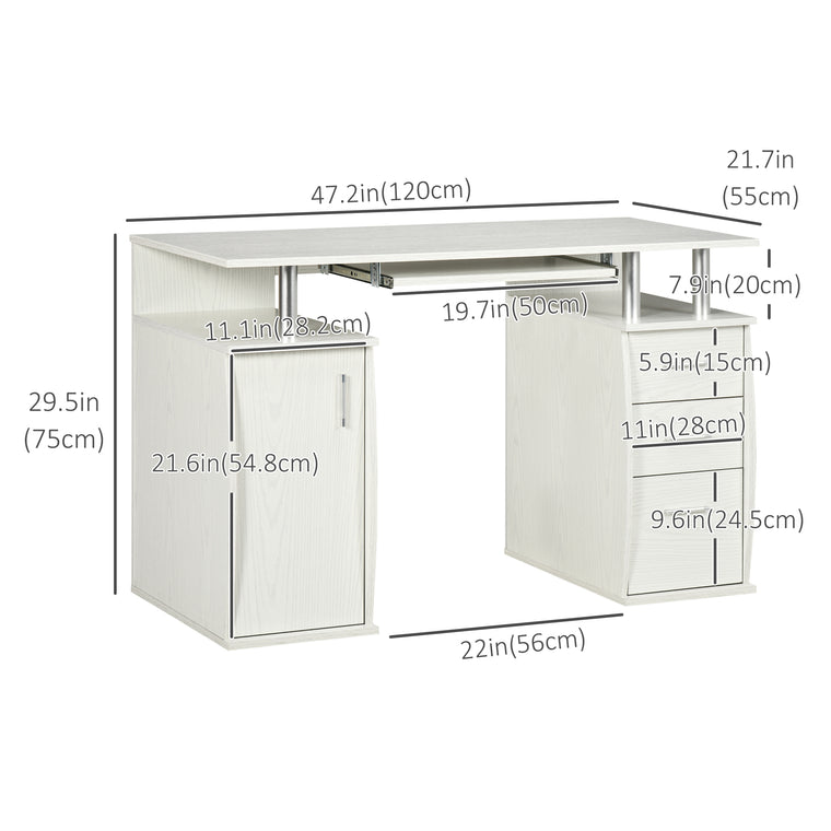 47" Computer Desk with Keyboard Tray and Drawers - White