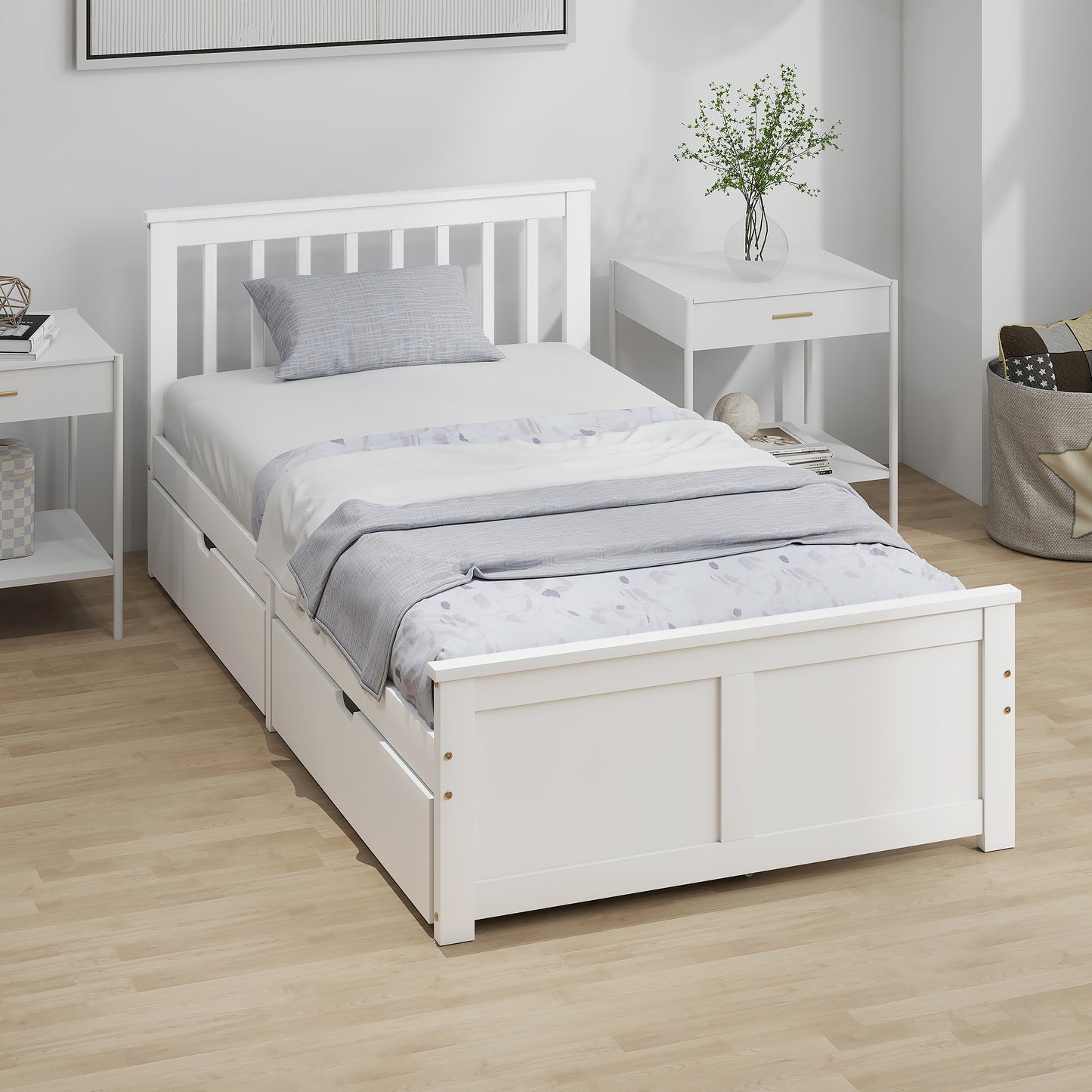 Pine Twin Bed Frame, Wood Storage Bed Frame with Drawers, Wood Slat Support, No Box Spring Needed, Easy Assembly, White