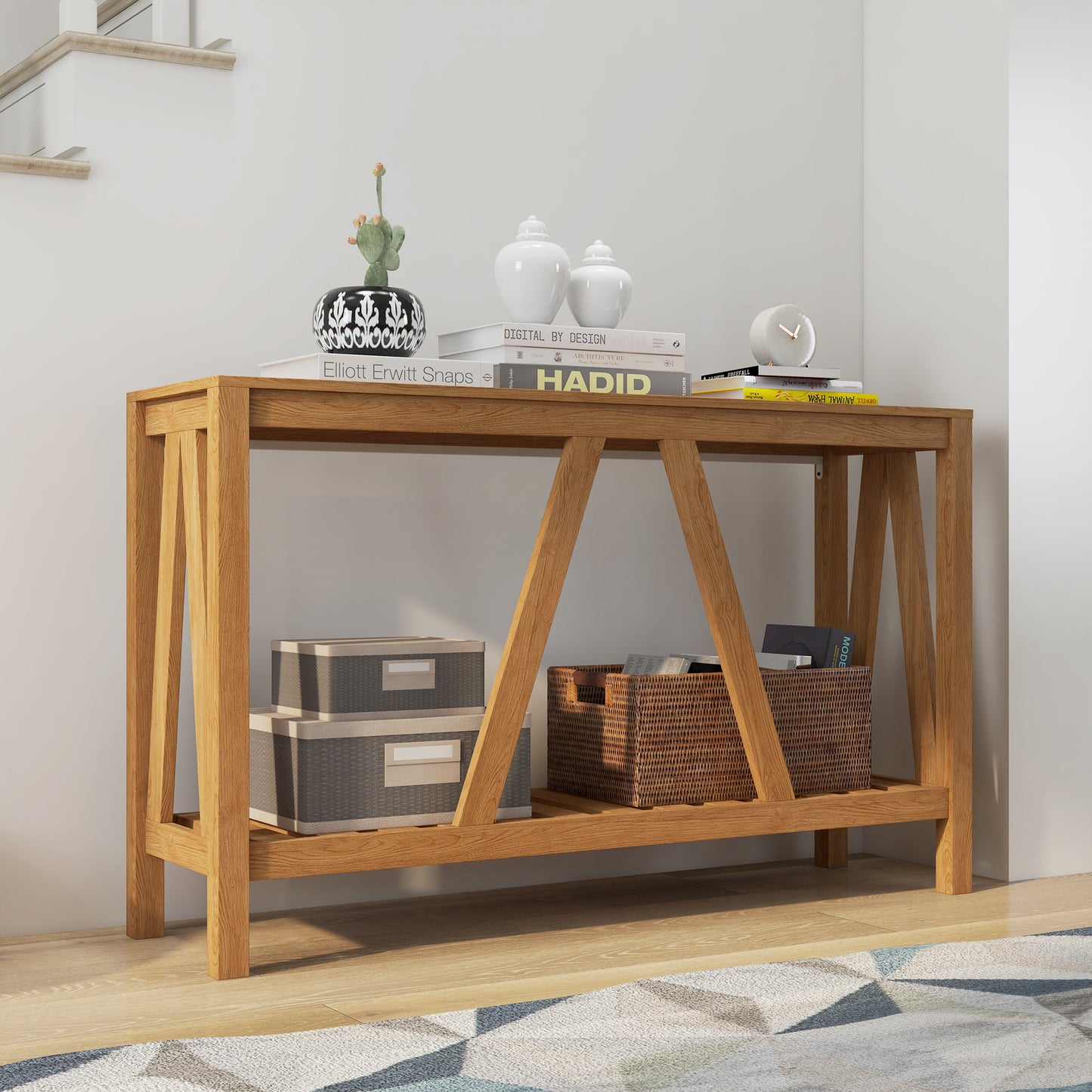 52" Console Table, Farmhouse Narrow Entryway Table with Storage Shelf, Rustic Sofa Table with Anti-tipper for Living Room and Hallway, Brown