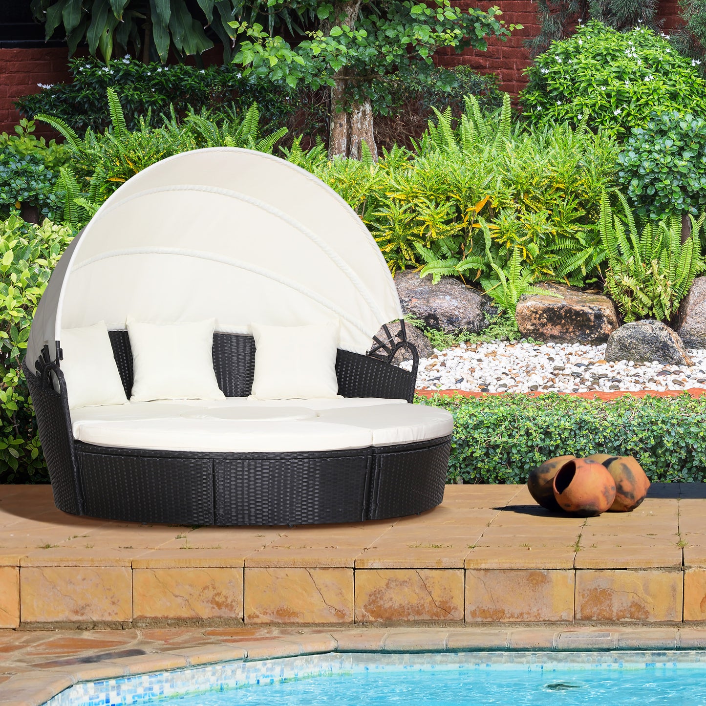 4 Pieces Outdoor Daybed with Retractable Canopy, Wicker Lounger Bed, Conversation Furniture Set, Dark Blue