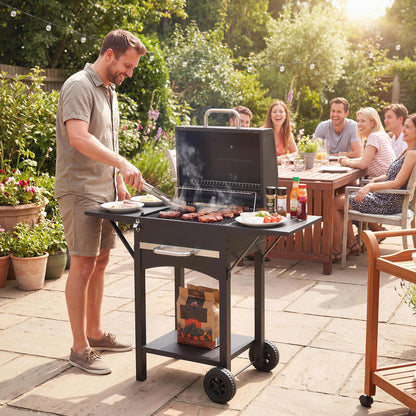 Black Charcoal Grill with 2 Side Tables & Warming Rack