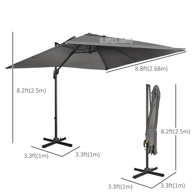9ft Dark Grey Square Cantilever Umbrella with Cross Base & Tilt