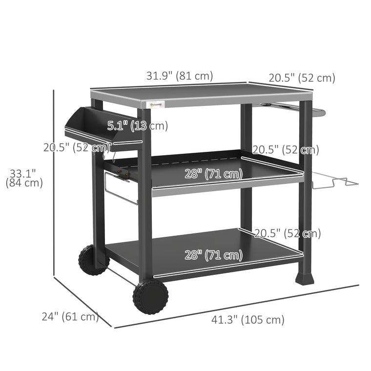 3-Shelf Black Grill Cart with Stainless Steel Top & Wheels