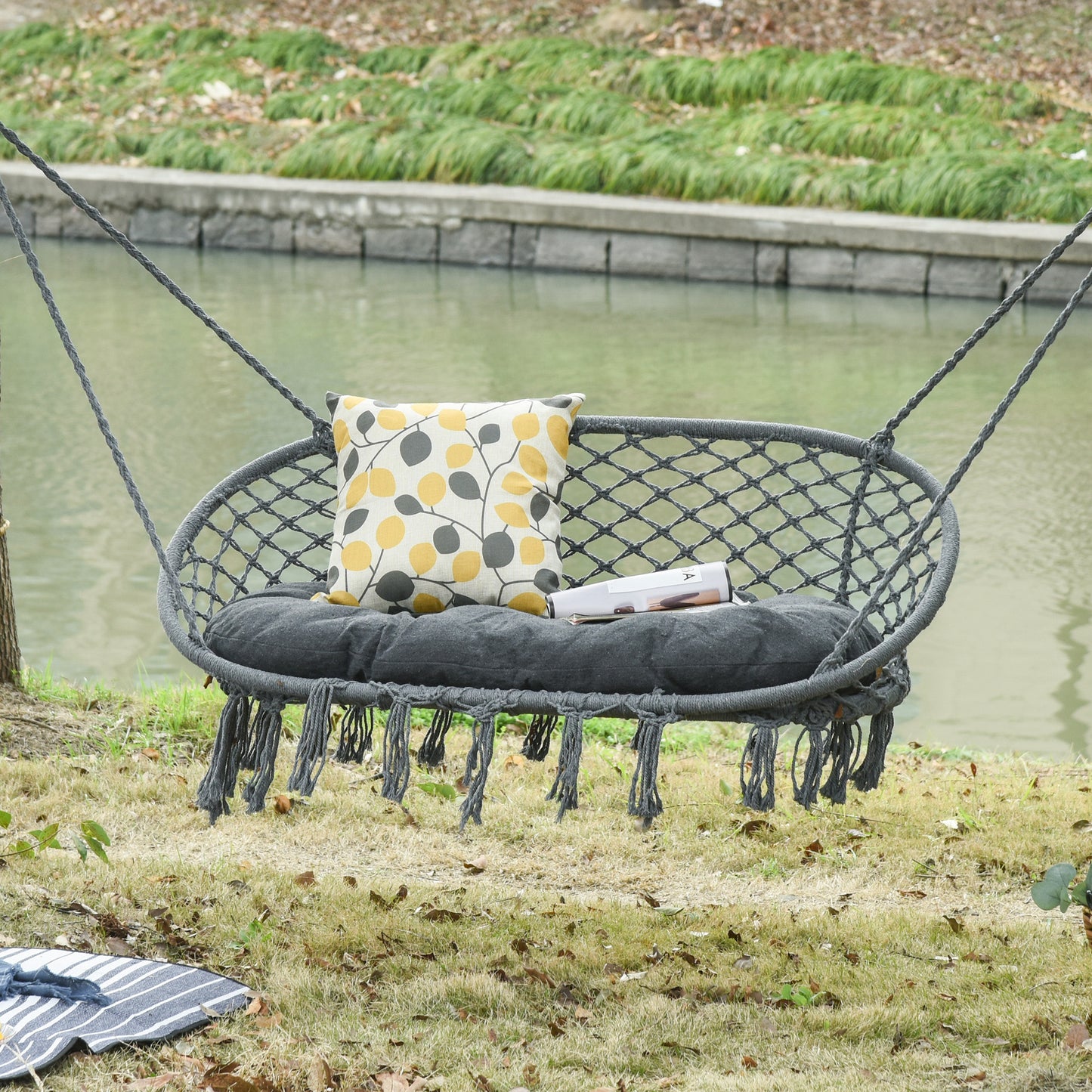 Patio Hammock Chair 2 Seat, Hanging Rope Hammock Swing Chair with Metal Frame and Cushion, Large Macrame Seat for Indoor and Outdoor 396 lbs Capacity, Dark Grey