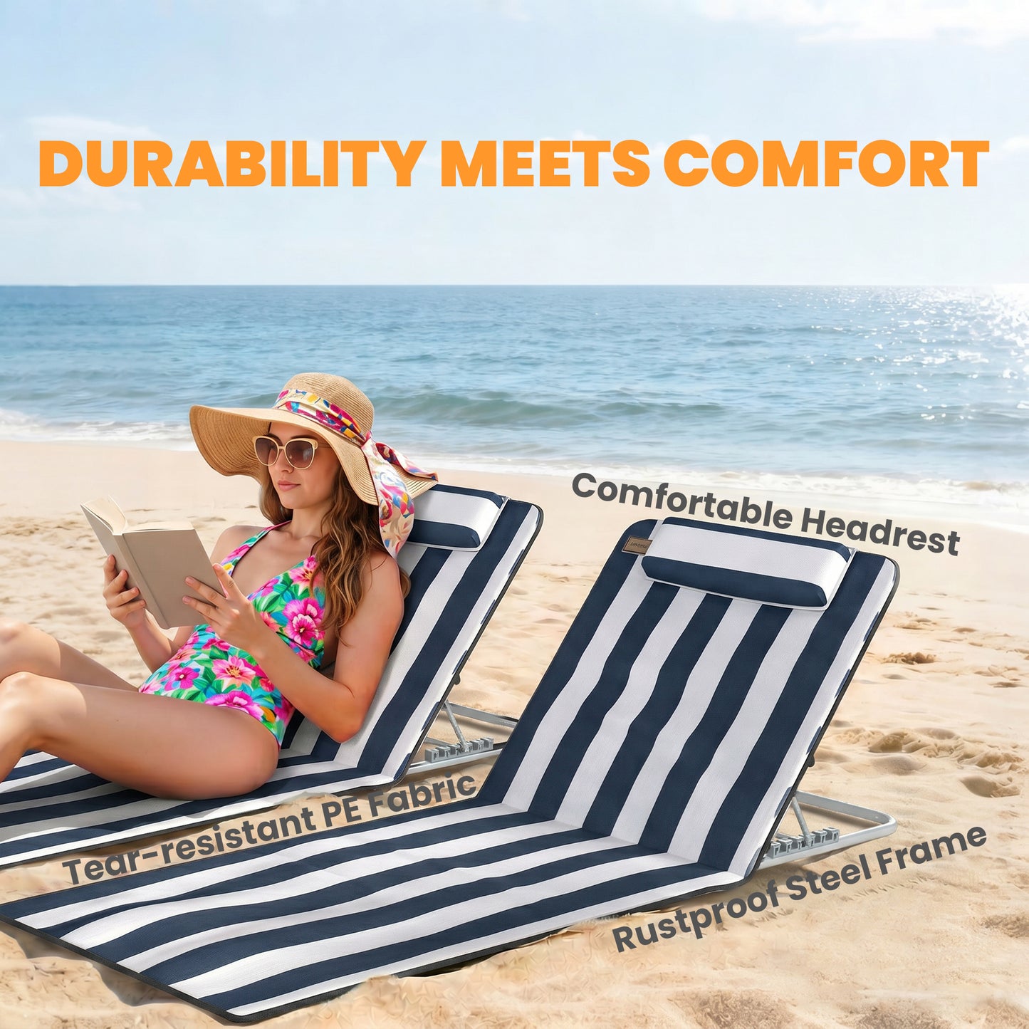2 Pieces Beach Lounge Chair, Outdoor Folding Chaise Lounge Set w/ Pillow for Sunbath, Snap, Beige