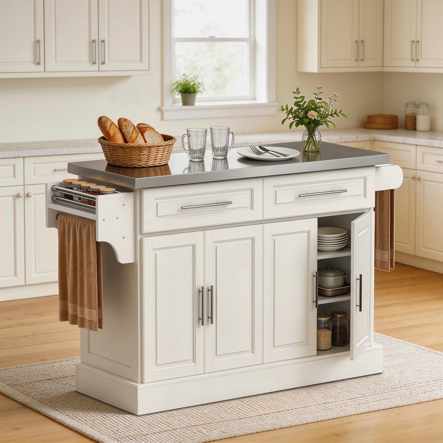Rolling Kitchen Island with Storage and Stainless Steel Top, Kitchen Trolley with Drawers, Cabinets, Towel Rack, Cream